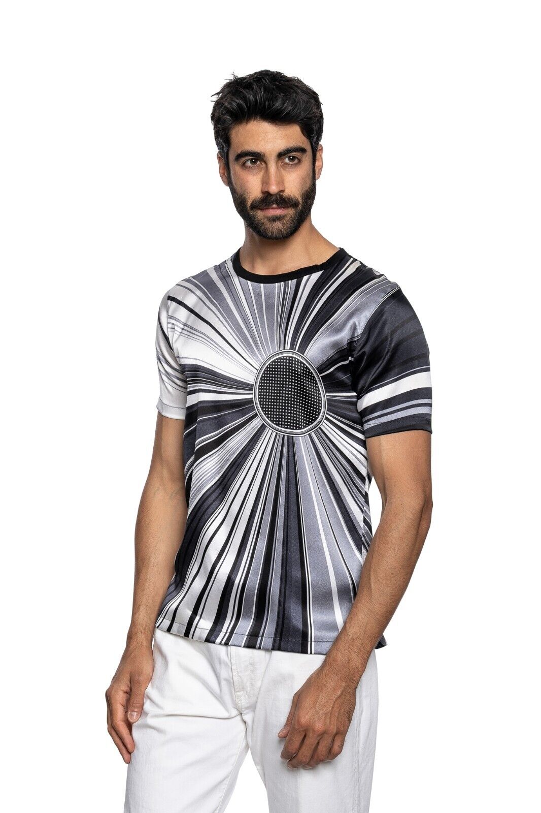 750$ LUXURY FABIO CAVIGLIA T-Shirt "RAYS" White 100% Silk COMO STRETCH Size S