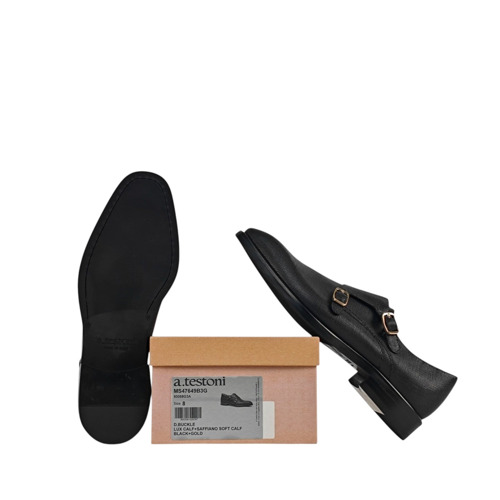 1250$ TESTONI Black Double Monk Shoes Saffiano Soft Calf 8 UK / 9 US / 42 IT