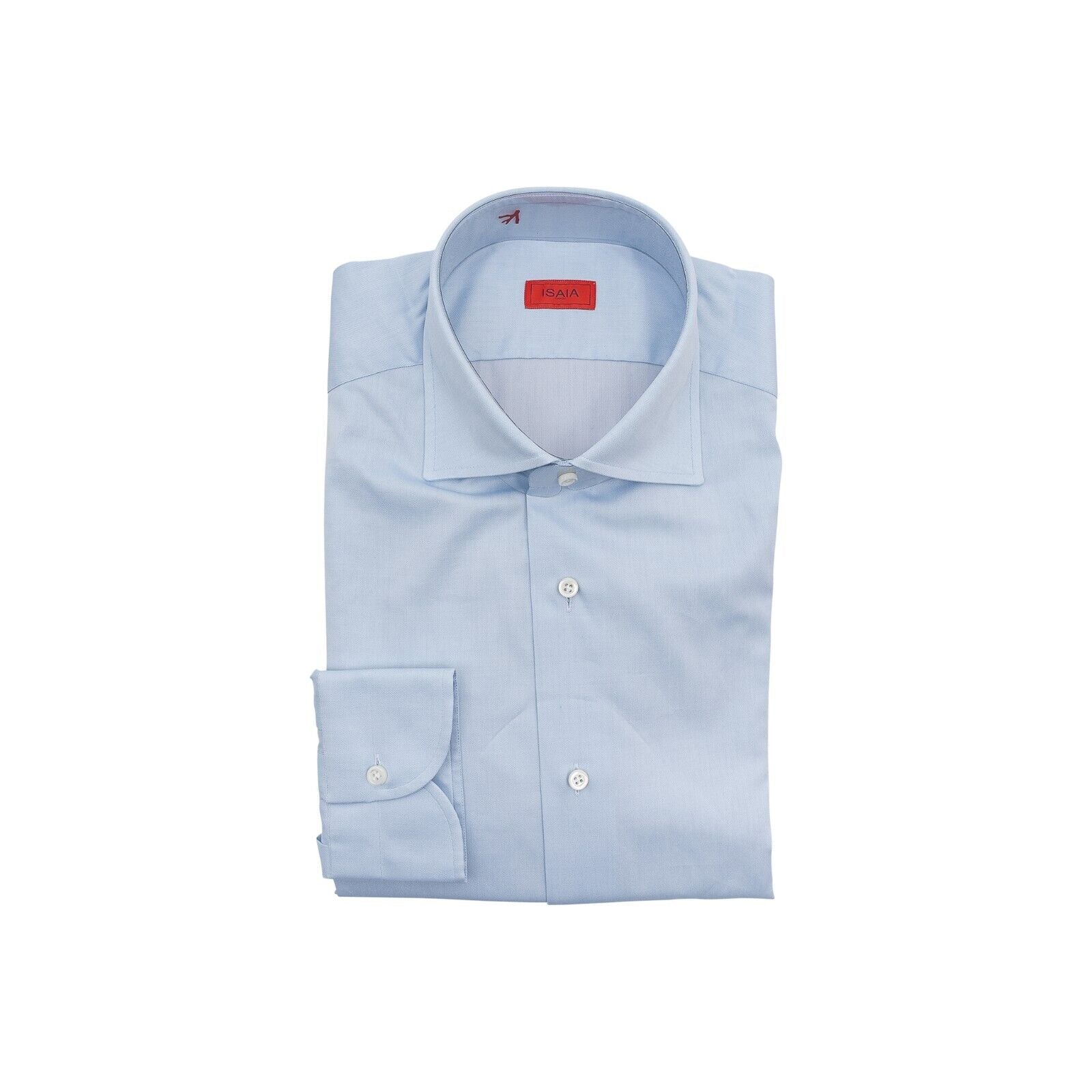 690$ ISAIA NAPOLI Blue Solid Hand-Sewn Sartorial Dress Shirt Popeline Cotton