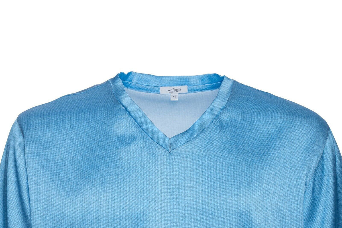 750$ ITALO FERRETTI T-Shirt Blue "V-Neck" 100% Silk COMO Satin Size XL BIJAN