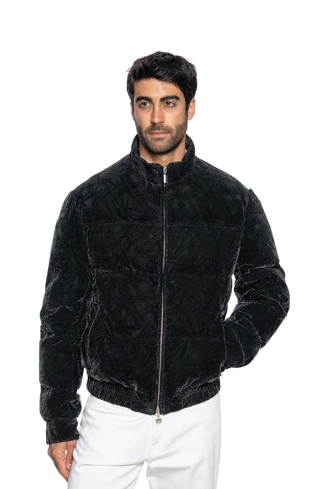 2500$ ITALO FERRETTI Puffer Jacket Black Silk + Jacquard Leather Size L BIJAN