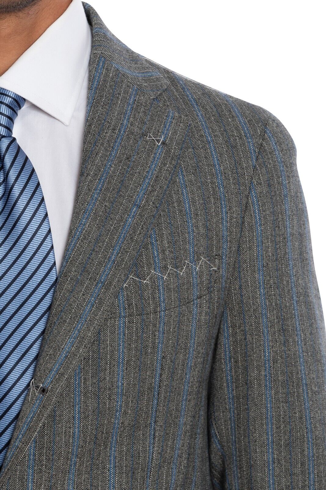 $2650 LUIGI BORRELLI NAPOLI Hand-Sewn Gray Striped Suit Wool Cotton Slim Fit