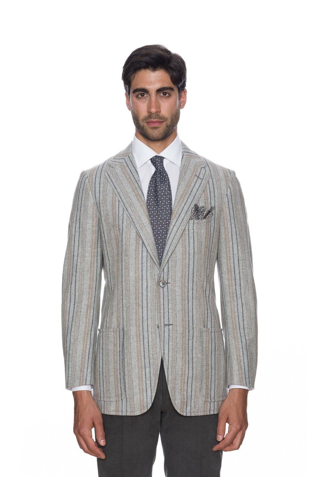 $1890 D'AVENZA Light Gray Cashmere Wool Striped Jacket Sewn in Italy 38 US 48 EU