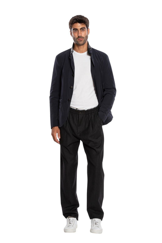 1900$ GIORGIO ARMANI Jacket Blouson Leather Details Dark Blue Water Repellent