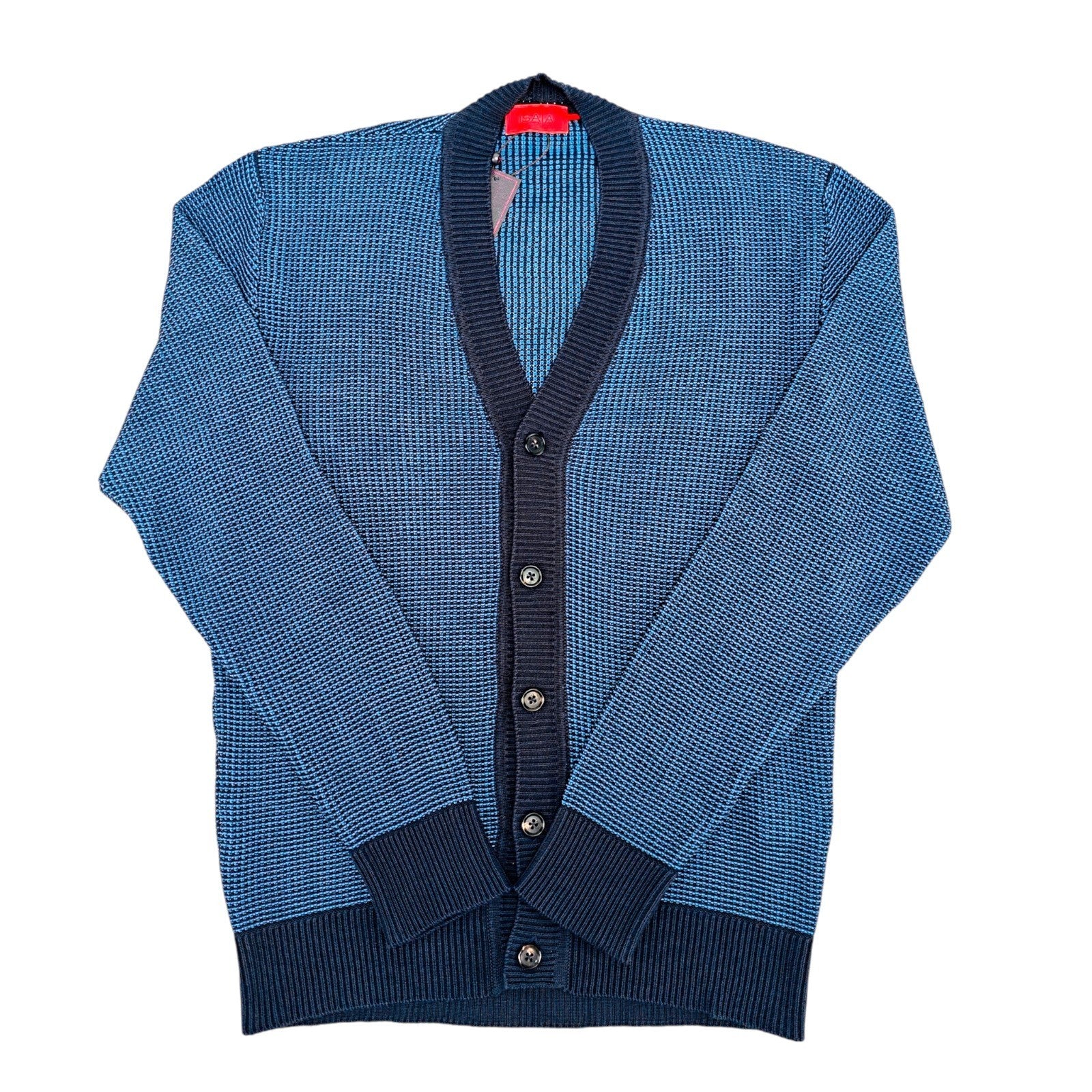 1650$ ISAIA NAPOLI Blue Cardigan Sweater Woven Knit Soft Cotton M