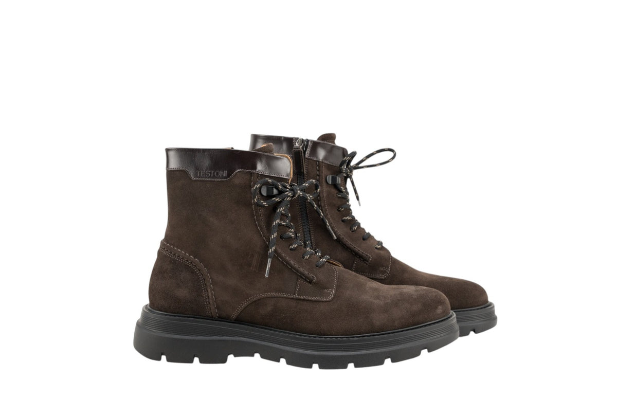 1550$ TESTONI Combat Boot Shoes Suede + Plain Calf Cigar 8 UK / 9 US / 42 IT