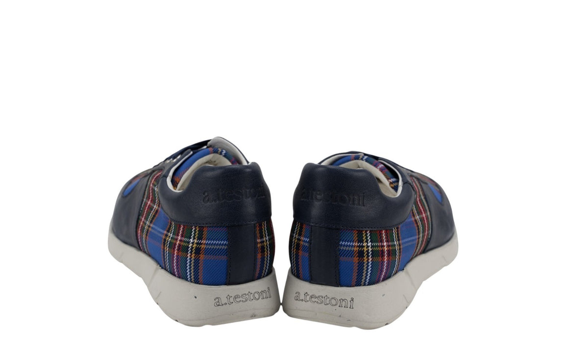 850$ TESTONI Sneaker Eco Tartan + Washed Lamb Bluette Navy 8 UK / 9 US / 42 IT