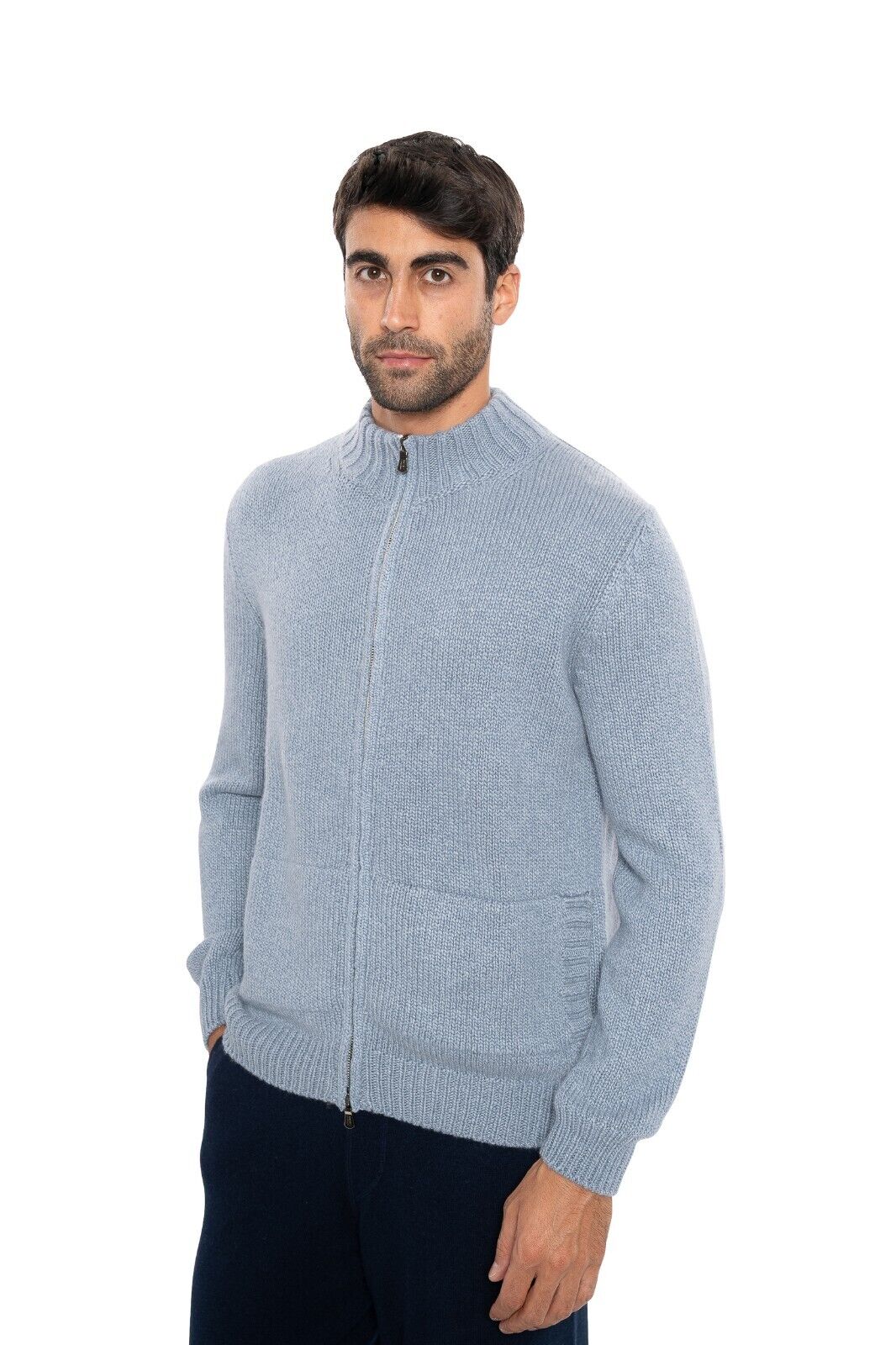 $2200 FEDELI Light Blue Cardigan Jacket Zip 100% Cashmere Malfilè 40 US / 50 EU