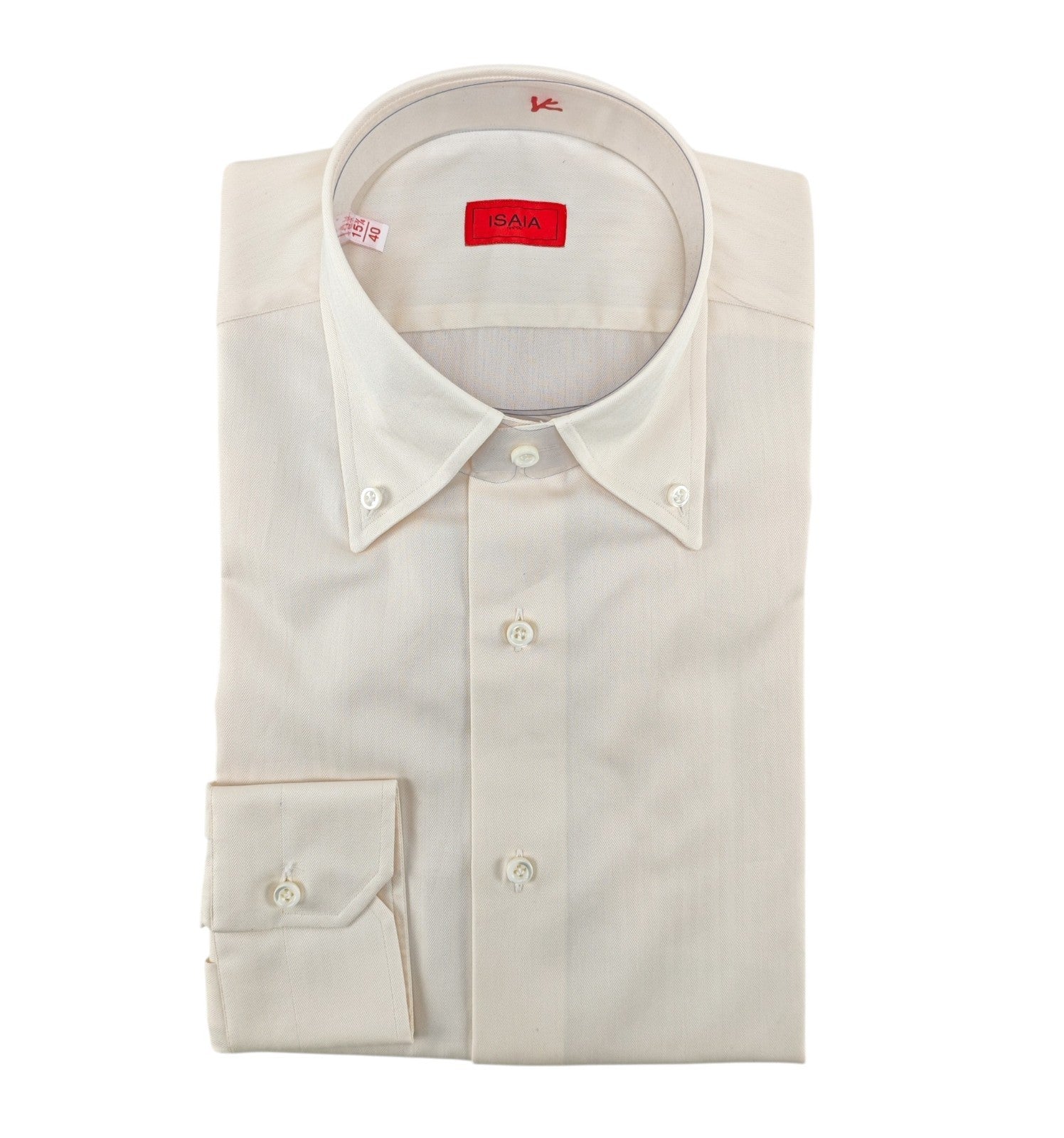 750$ ISAIA "Mix" Dress Shirt Button Down Ivory Herringbone Cotton 15.75 - 40