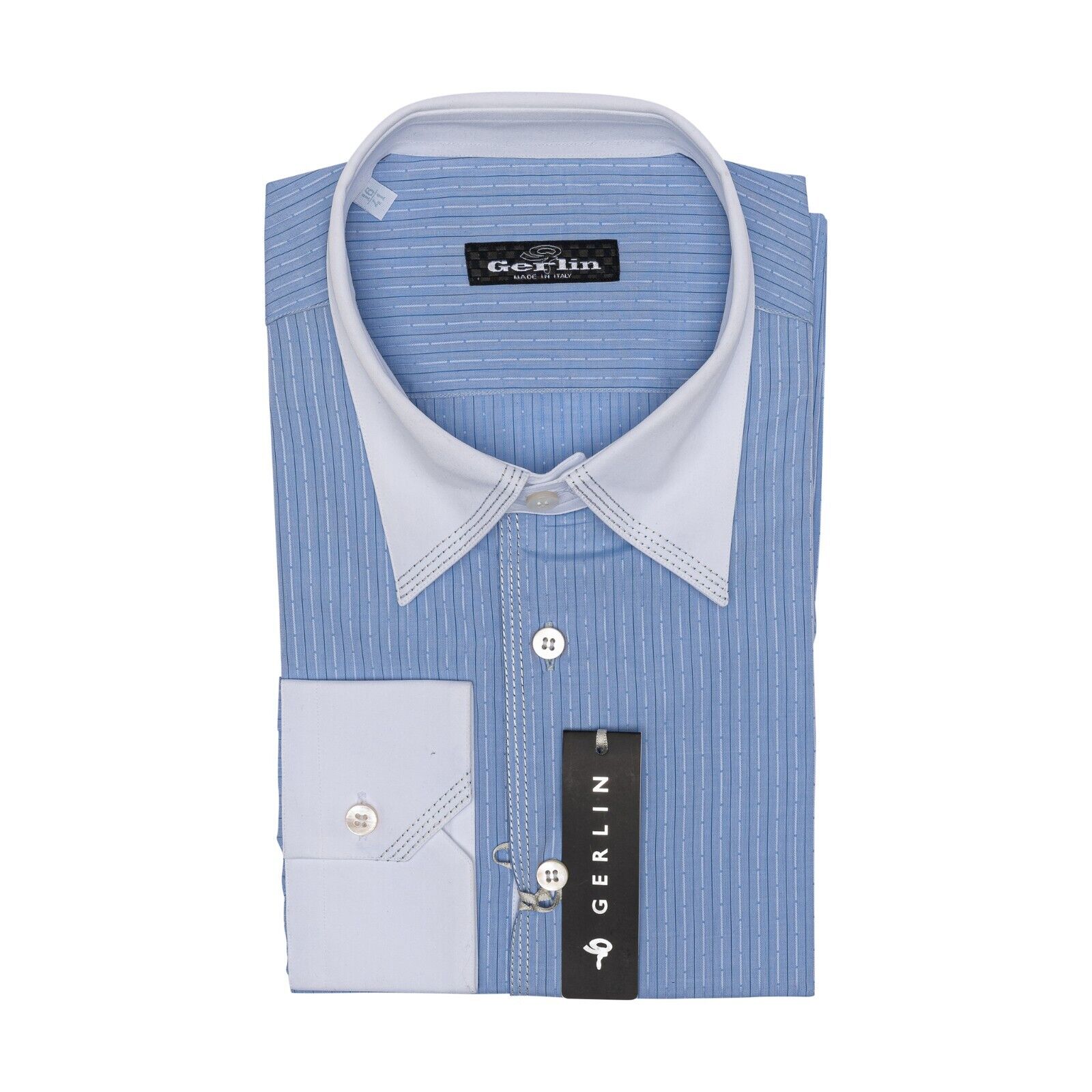 690$ LUXURY GERLIN Shirt POINT Striped Blue Cotton 16 - 41 3F ZILLI