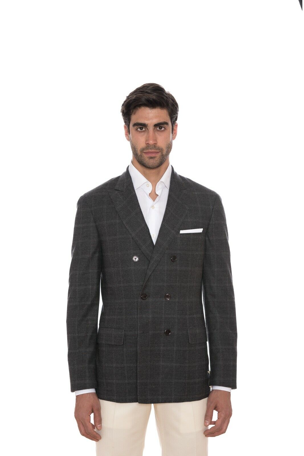 $1680 D'AVENZA Grey Wool Windowpane Jacket Blazer DB Sewn in Italy 40 US / 50 EU