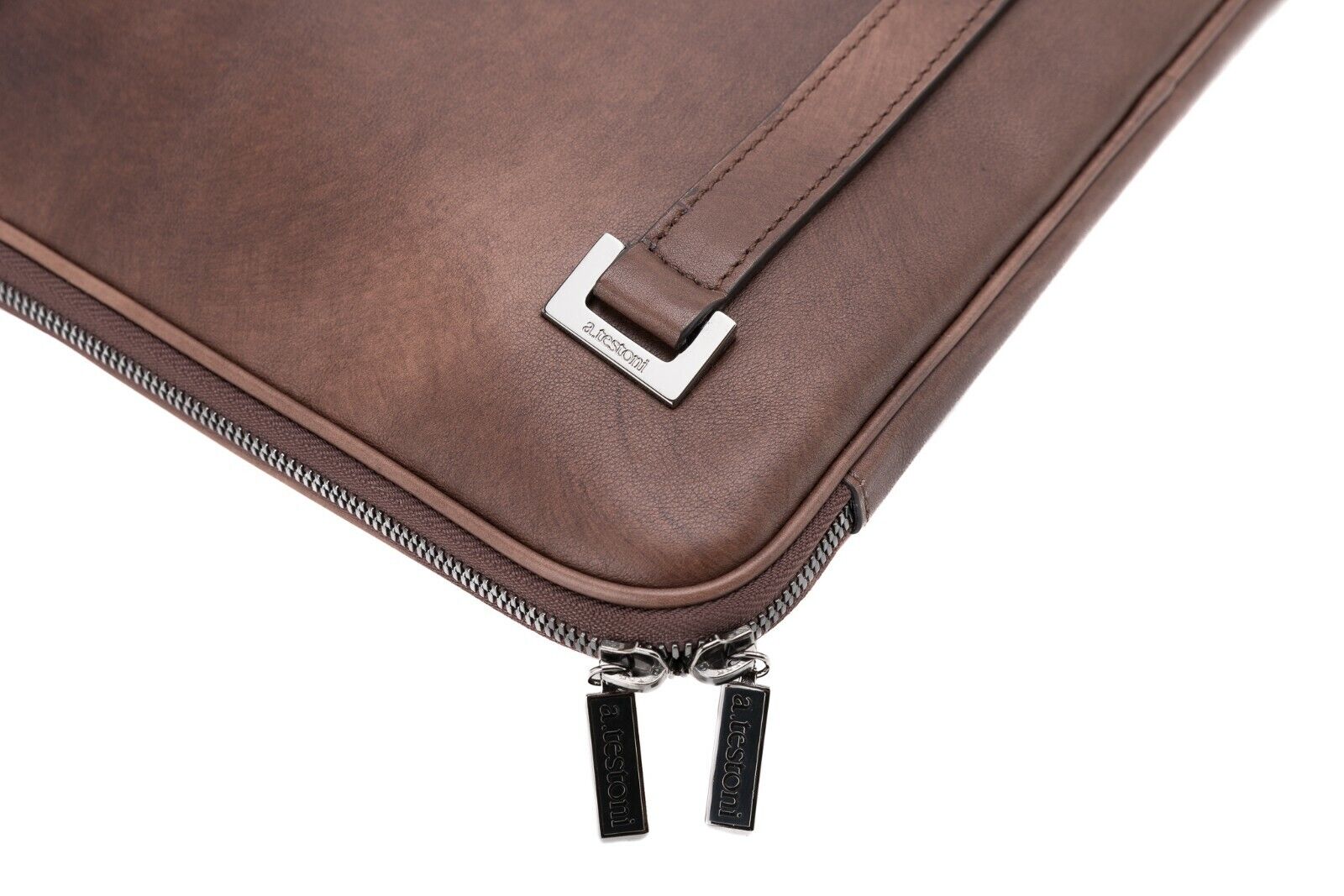 $740 Testoni Bologna Brown TAMPONATO Calf Clutch Bag / Document Holder PC case
