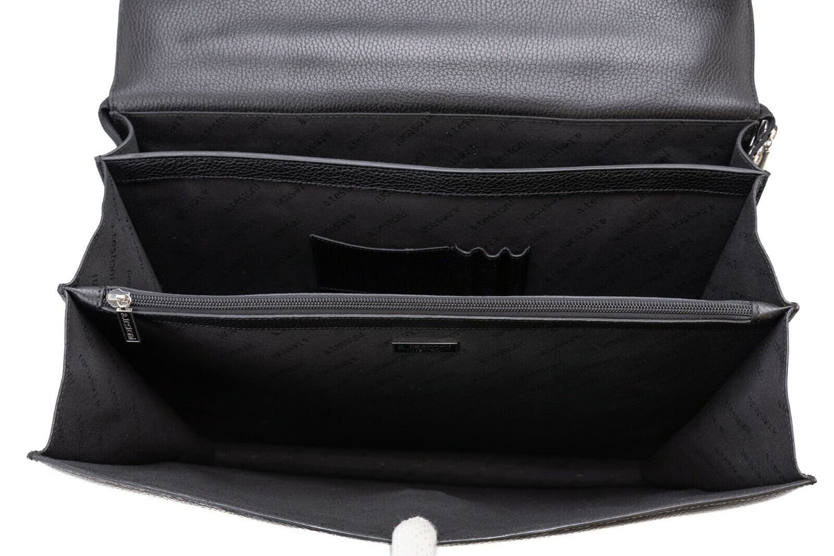 $2890 Testoni Bologna Trolley Briefcase PC Case Black Bright Karibu Calf
