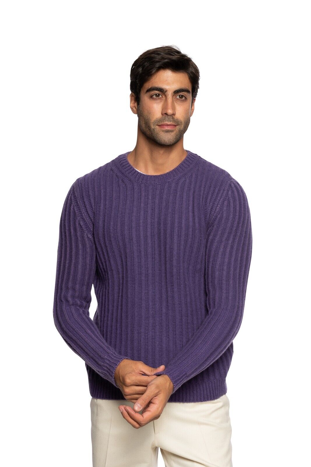 $1200 FEDELI CASHMERE Sweater Ribbed Thick 100% Cashmere Purple Dyed 40 US 50 EU