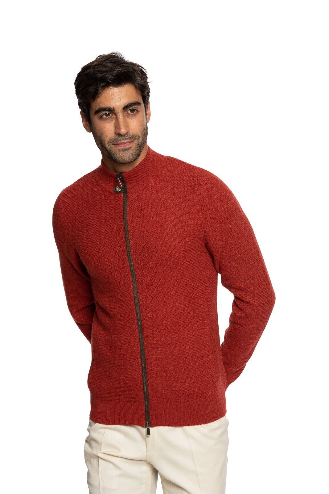 $1600 FEDELI CASHMERE Red Bomber Sweater Suede + 100% Cashmere 40 US / 50 EU