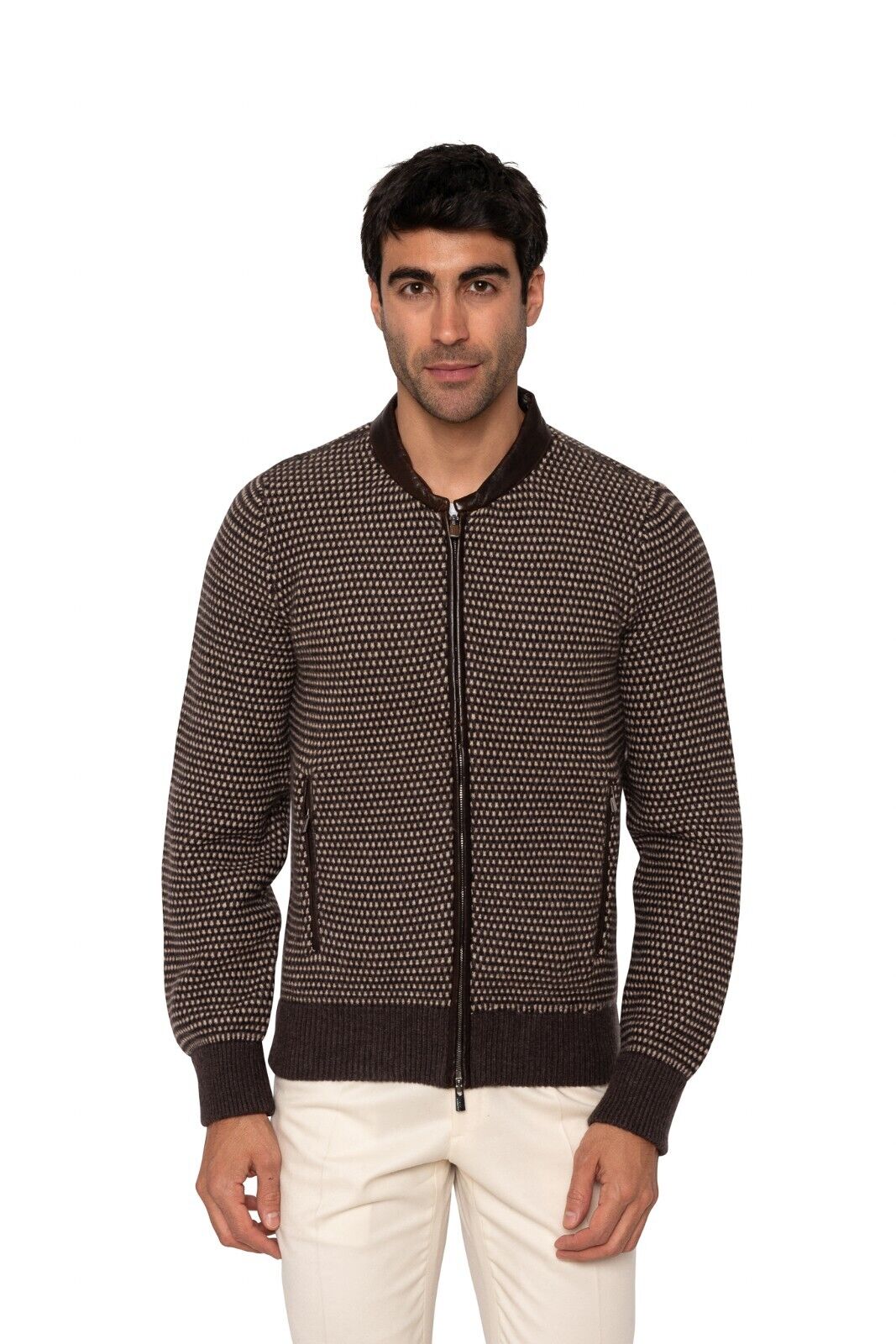 $2500 MANRICO CASHMERE Brown Cardigan Zip Thick 100% Cashmere / Lambskin Size S