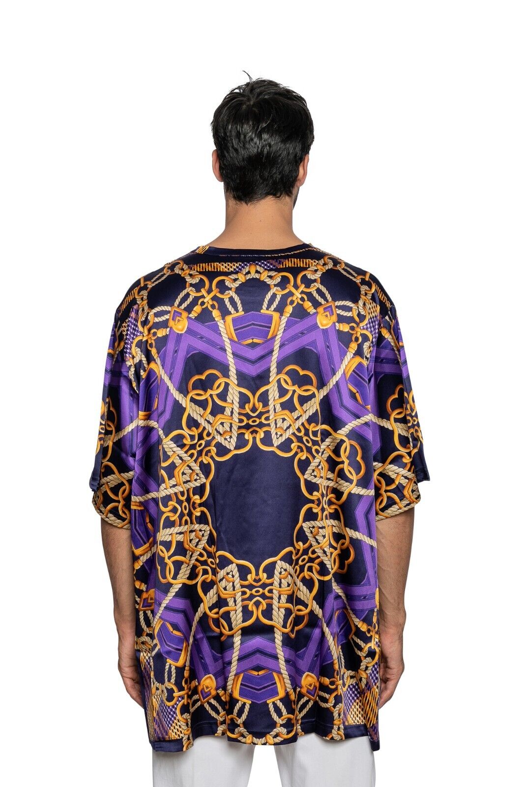 750$ FABIO CAVIGLIA T-Shirt "TUNIC" Violet Chains 100% Silk COMO STRETCH Sz XXL