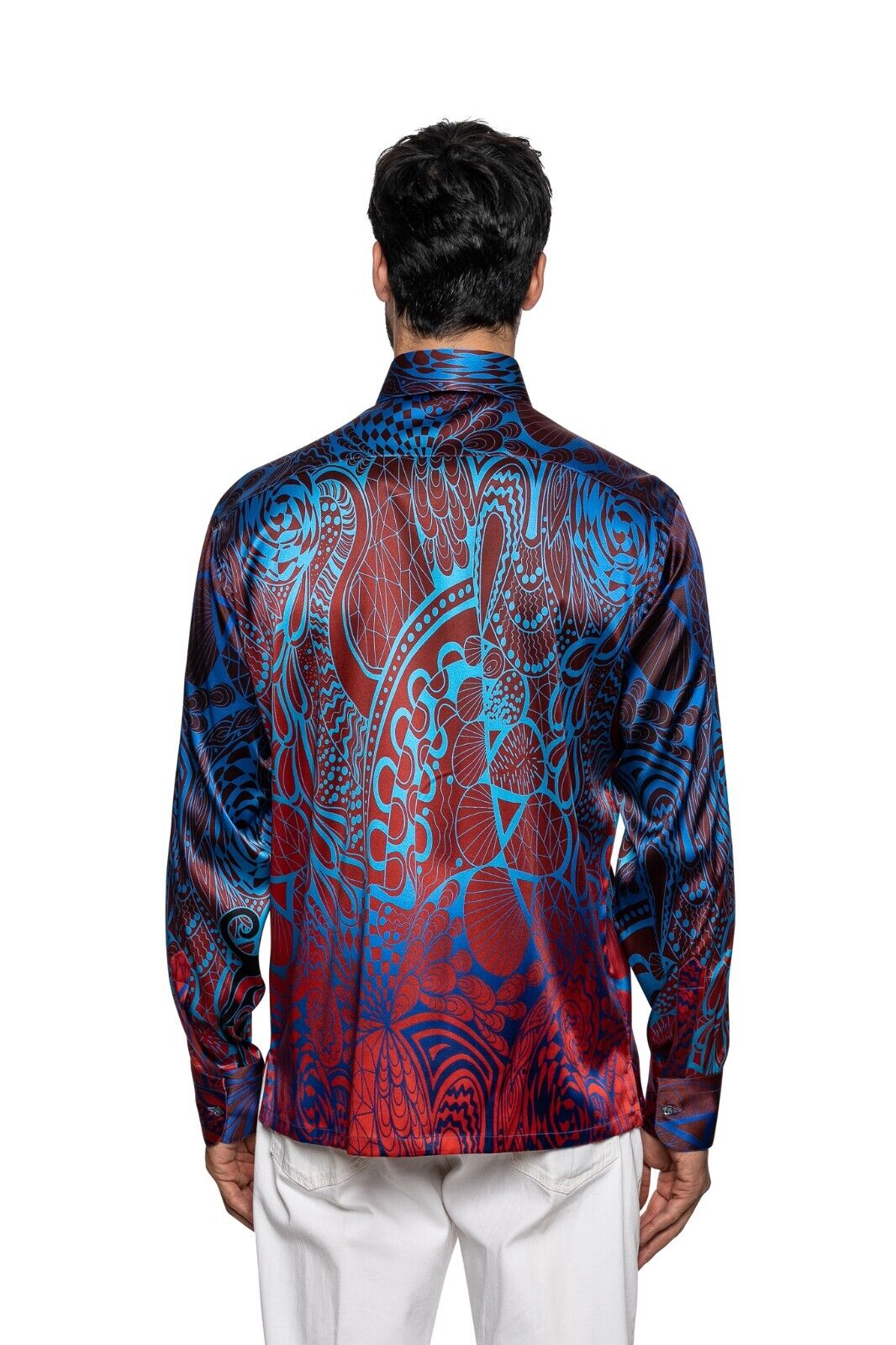 1400$ LUXURY ITALO FERRETTI Shirt Blue "ABSTRACT" 100% Satin COMO Silk L BIJAN