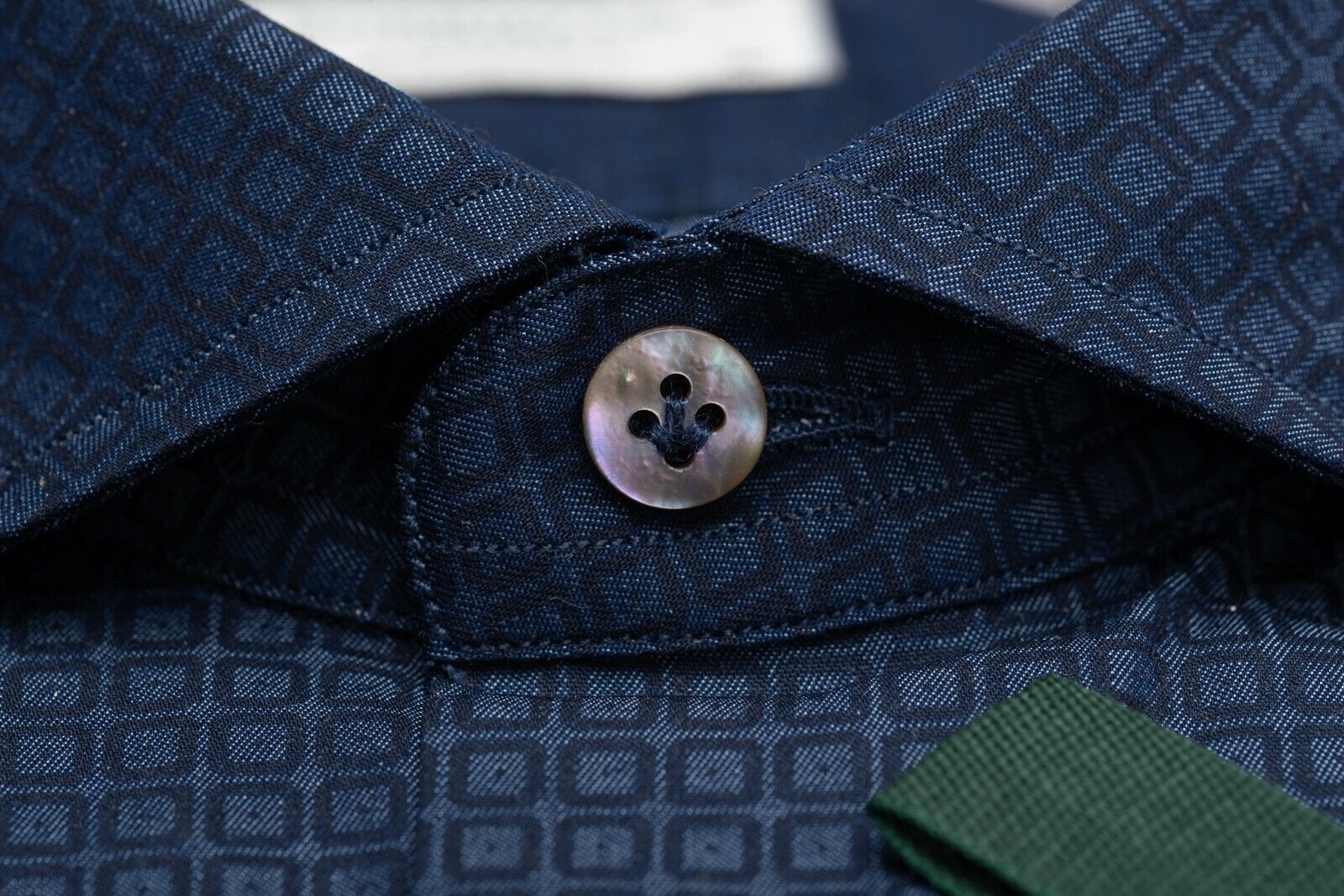 BORRIELLO NAPOLI Blue Geometric Shirt Cotton Denim Hand-Sewn in Italy Slim Fit