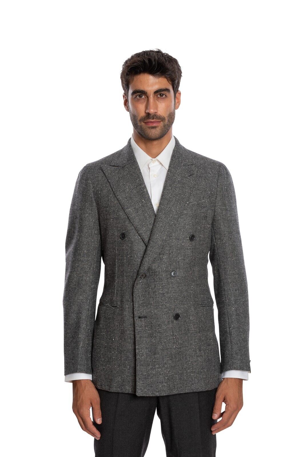 $2150 LUIGI BORRELLI "FIRENZE" HandSewn Gray Double Breasted Jacket Donegal Wool