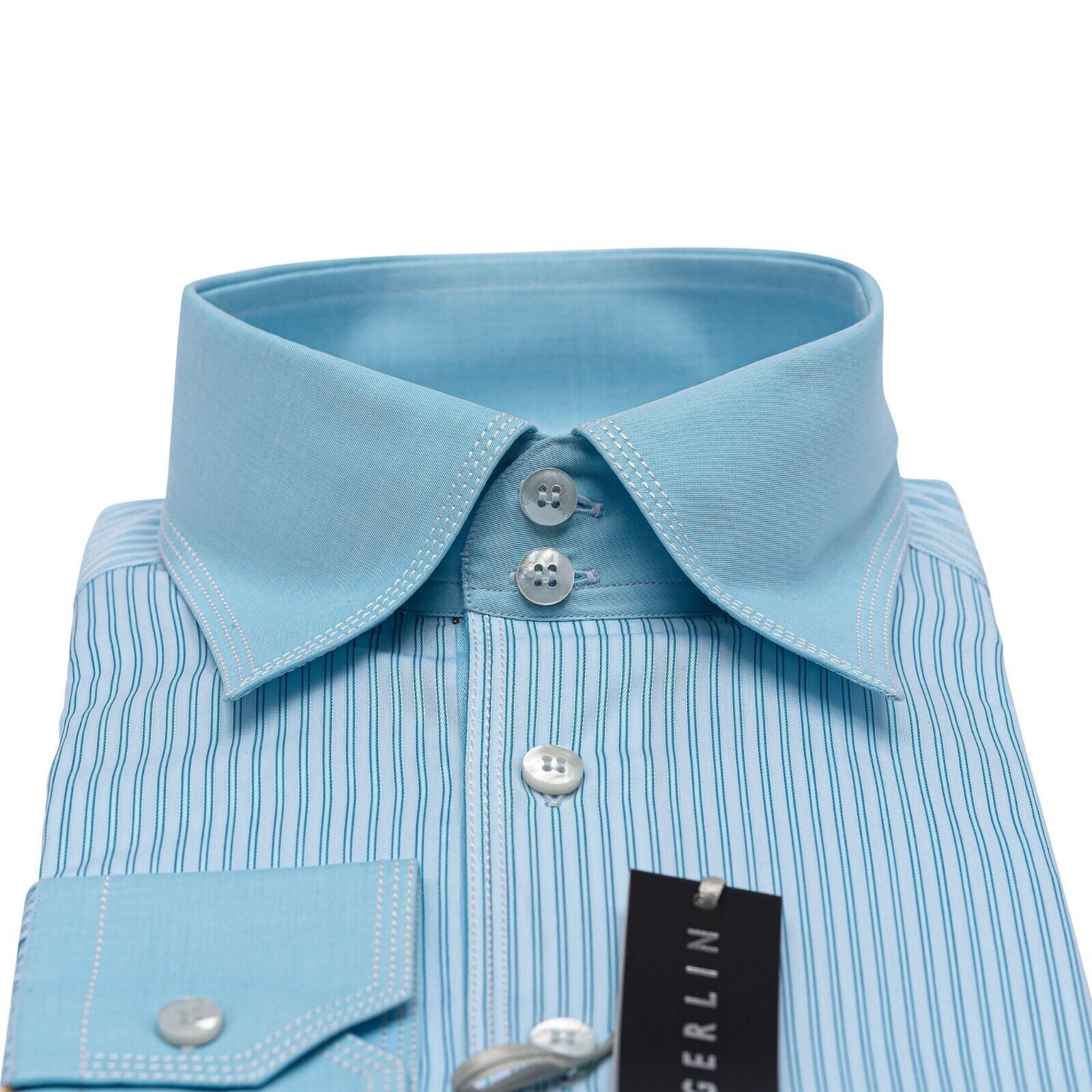 690$ LUXURY GERLIN Shirt Striped Point Sky Blue Cotton 16 - 41 2P ZILLI