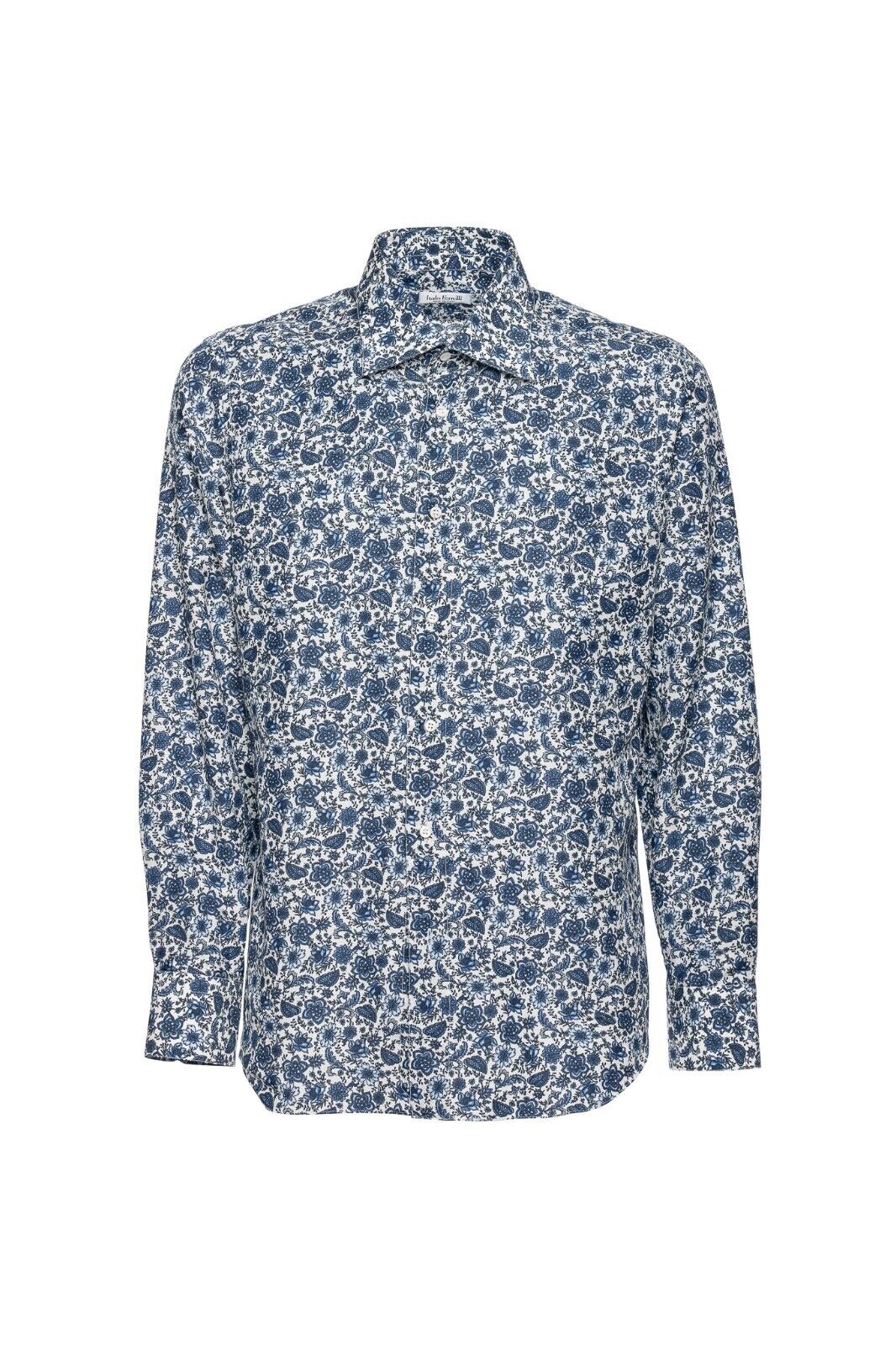 850$ ITALIAN LUXURY ITALO FERRETTI Shirt Blue "FLORAL" Cotton + Silk L BIJAN