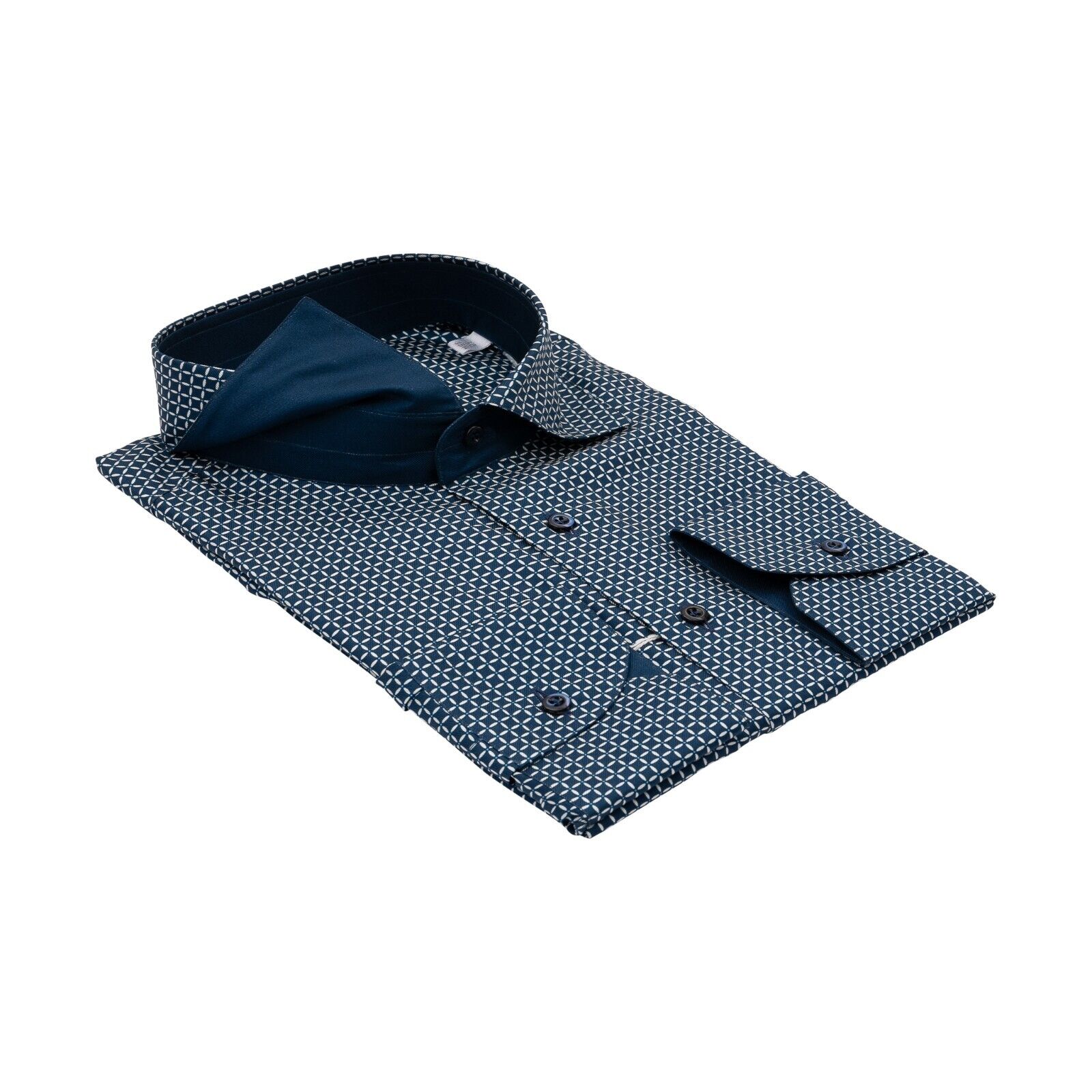 1400$ LUXURY MAROL BOLOGNA Geometric Shirt Blue 100% COMO SILK Satin 15.75 - 40