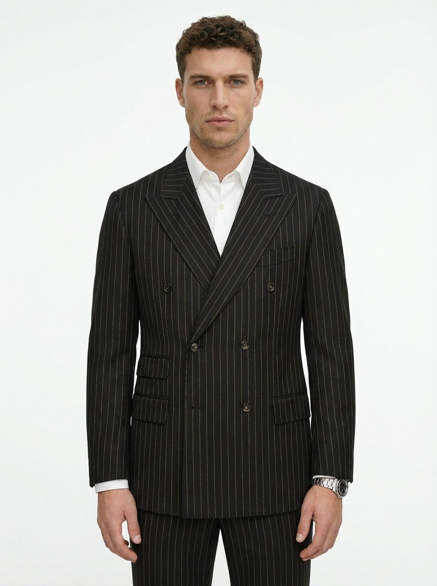 $2200 RAFFAELE CARUSO Black Double Breasted Suit Striped Wool 150's 40 US 50 EU
