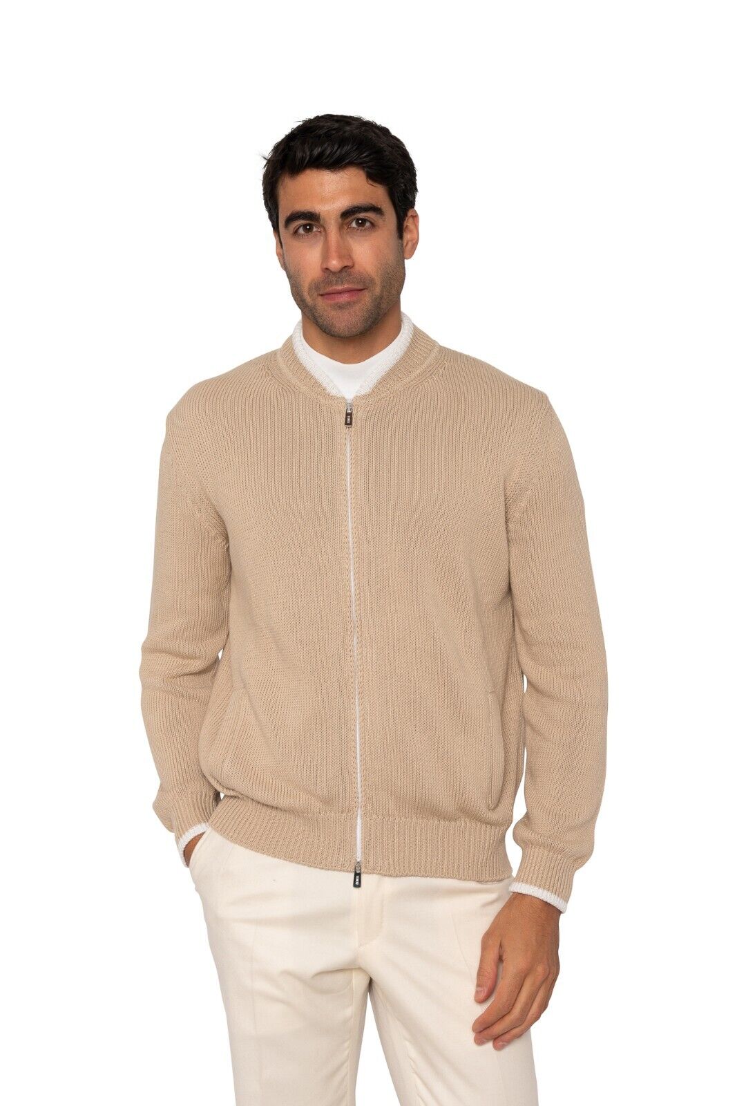 $1100 FEDELI CASHMERE Beige Cardigan Sweater Full Zip Cotton 40 US / 50 EU