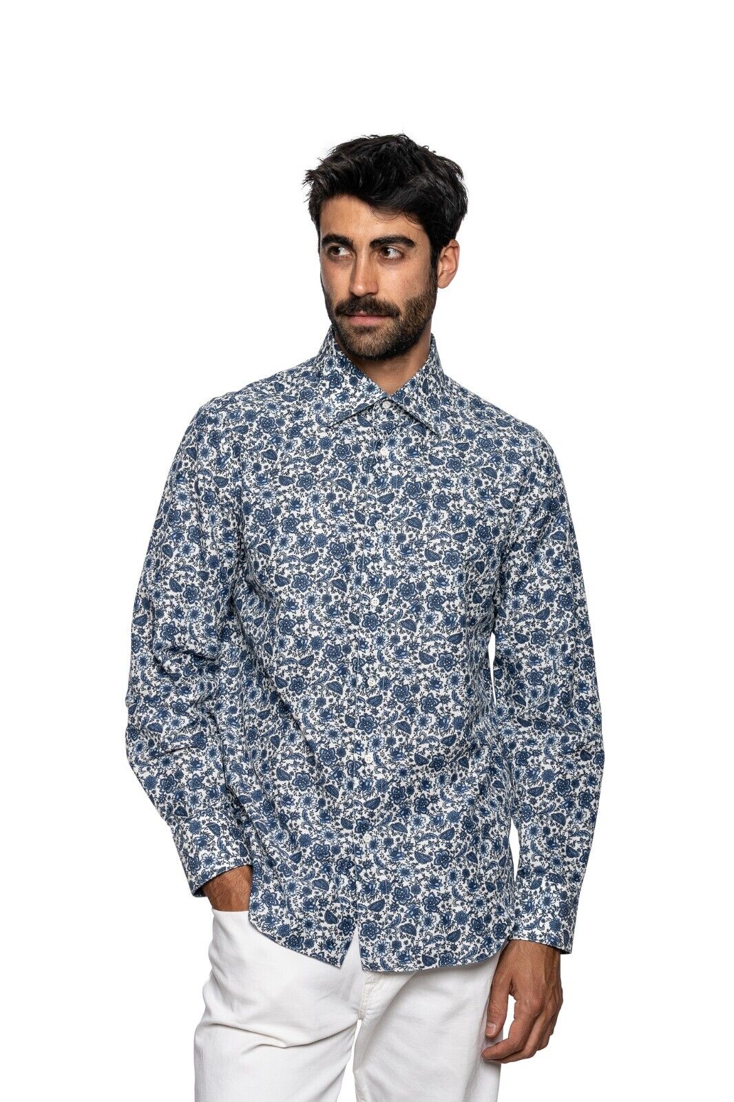 850$ ITALIAN LUXURY ITALO FERRETTI Shirt Blue "FLORAL" Cotton + Silk L BIJAN