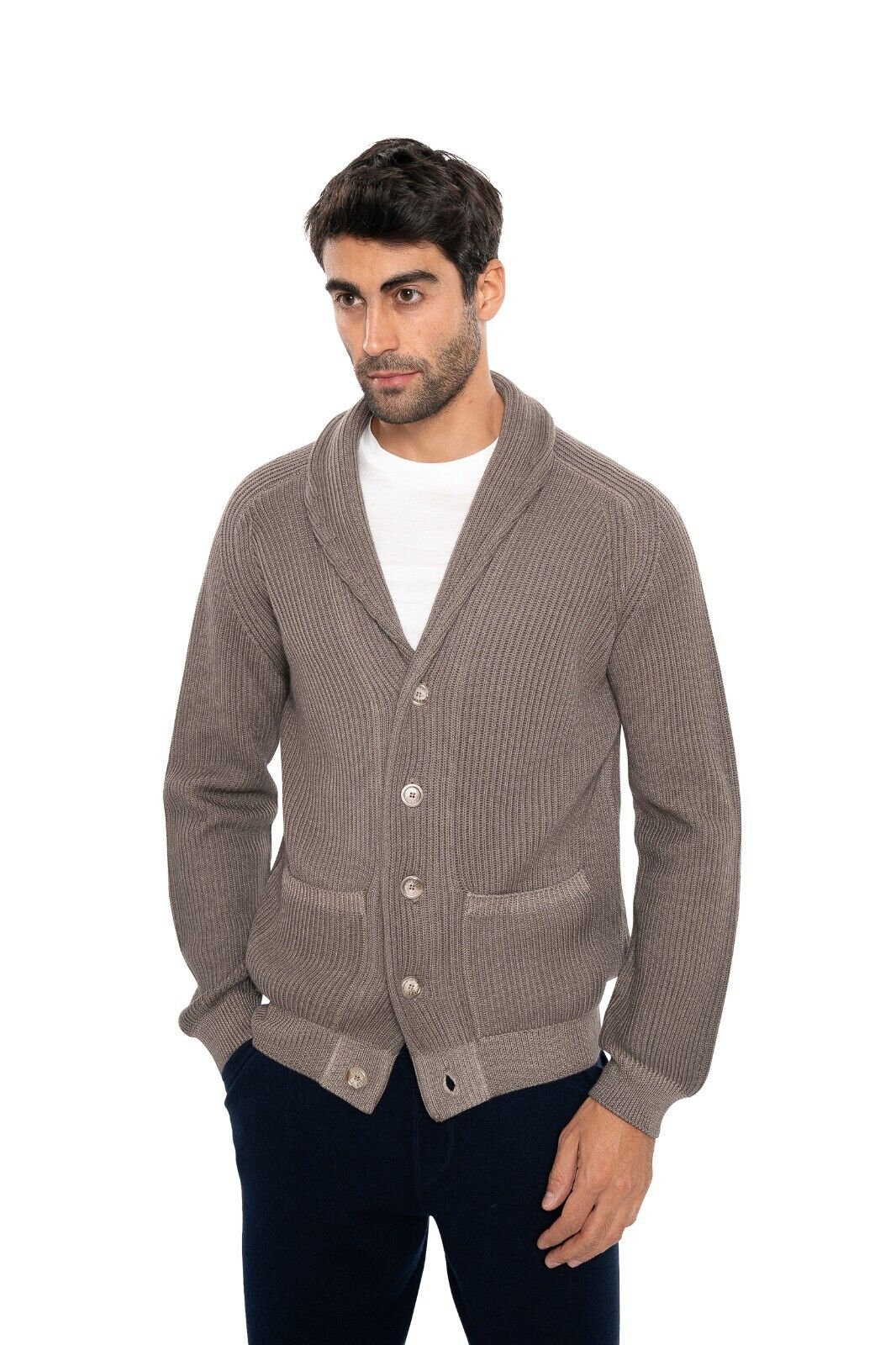 $1900 FEDELI "Terminillo" Taupe Jacket Cardigan Thick Merinos Wool Shawl Collar