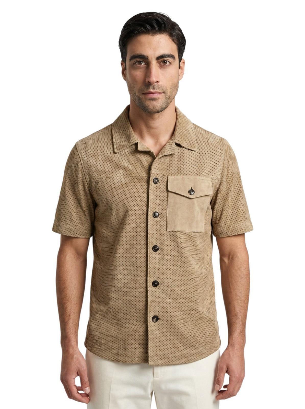 $3250 ISAIA Beige Shirt Jacket Short Sleeve Perforated Lambskin 36 US / 46 EU
