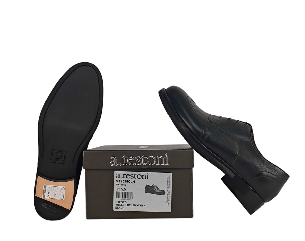 1300$ TESTONI Black Oxford Shoes Deerskin Leather 5.5 UK / 6.5 US / 39.5 IT