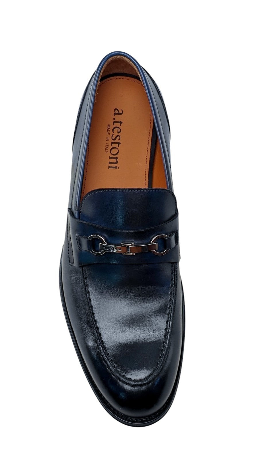 1300$ TESTONI Loafer Shoes Burnished Calf Blue + Metal 8 UK / 9 US / 42 IT
