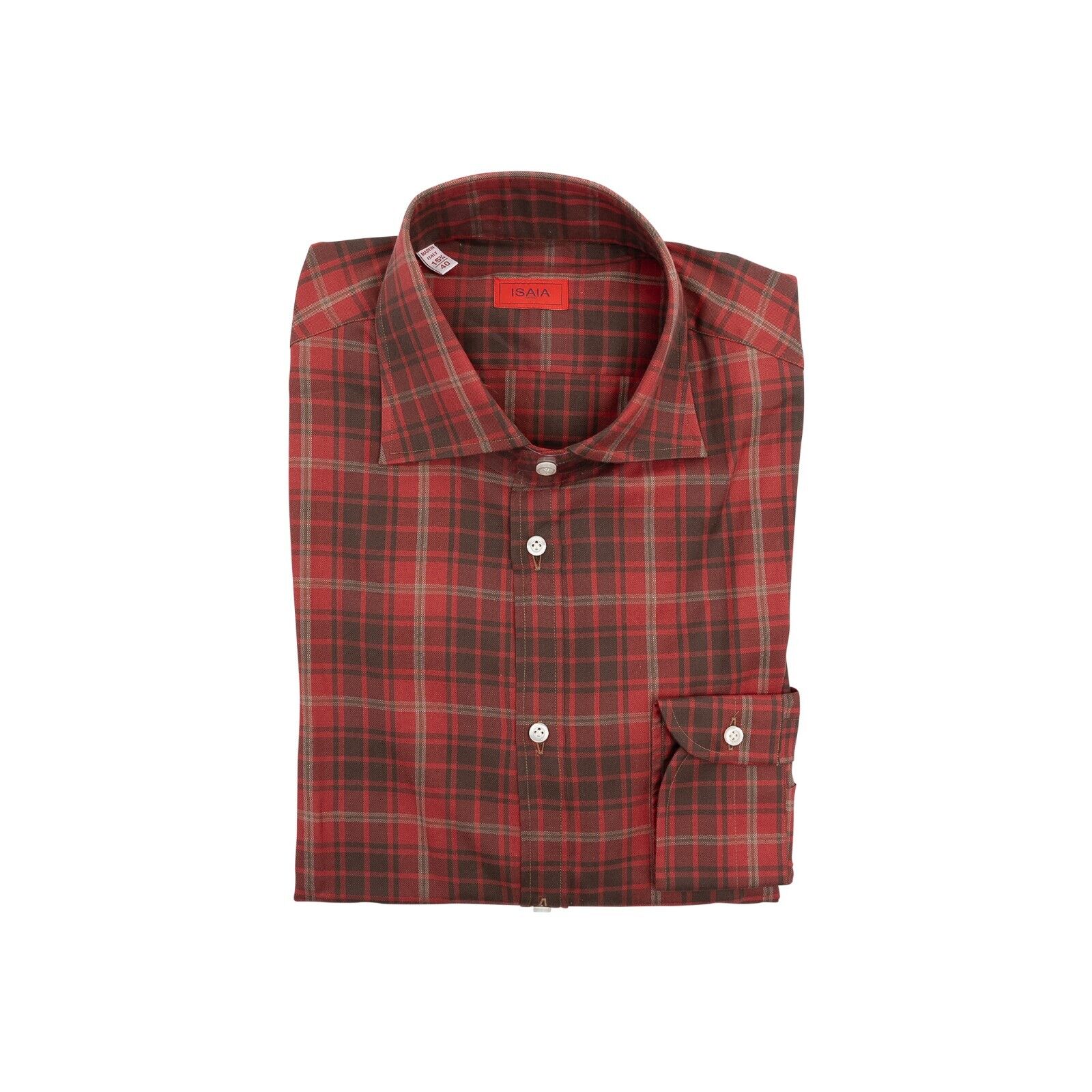 690$ ISAIA NAPOLI Red Hand-Sewn Glen Plaid Casual Shirt Cotton 15.75 - 40