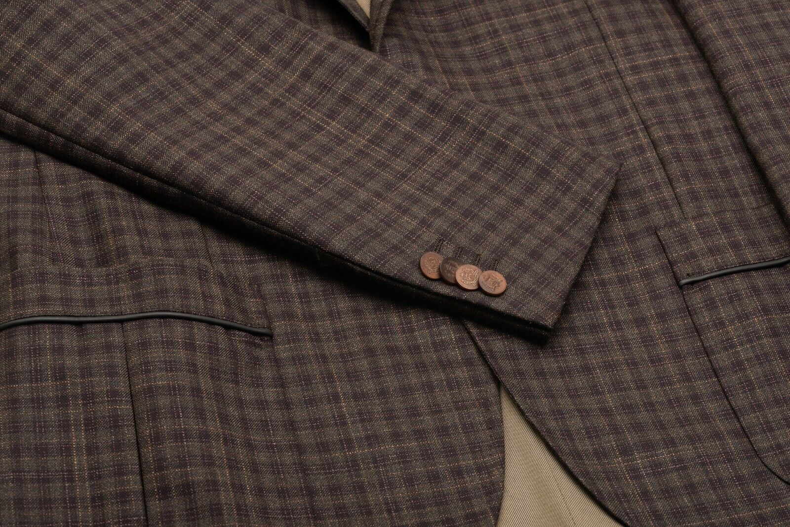 1250$ CORNELIANI Jacket Blazer Brown Checks Wool Silk + Leather 40 US / 50 EU