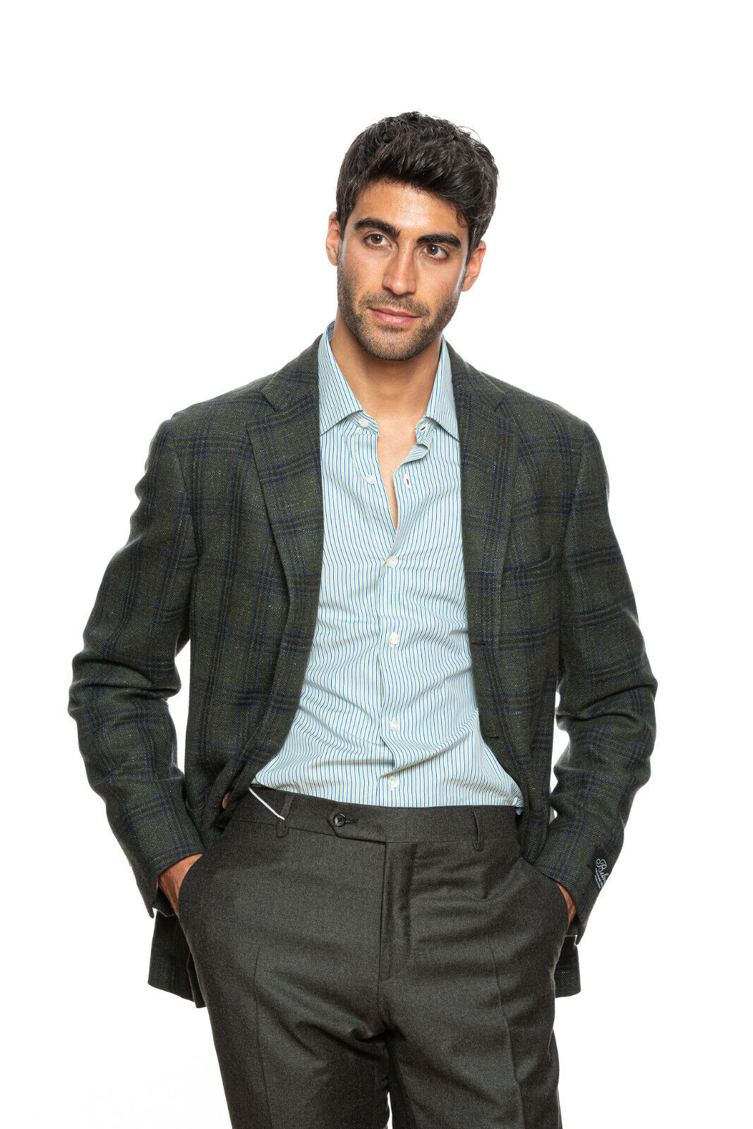 $2560 BELVEST Jacket Green Check Cashmere Silk Linen 40 US / 50 EU