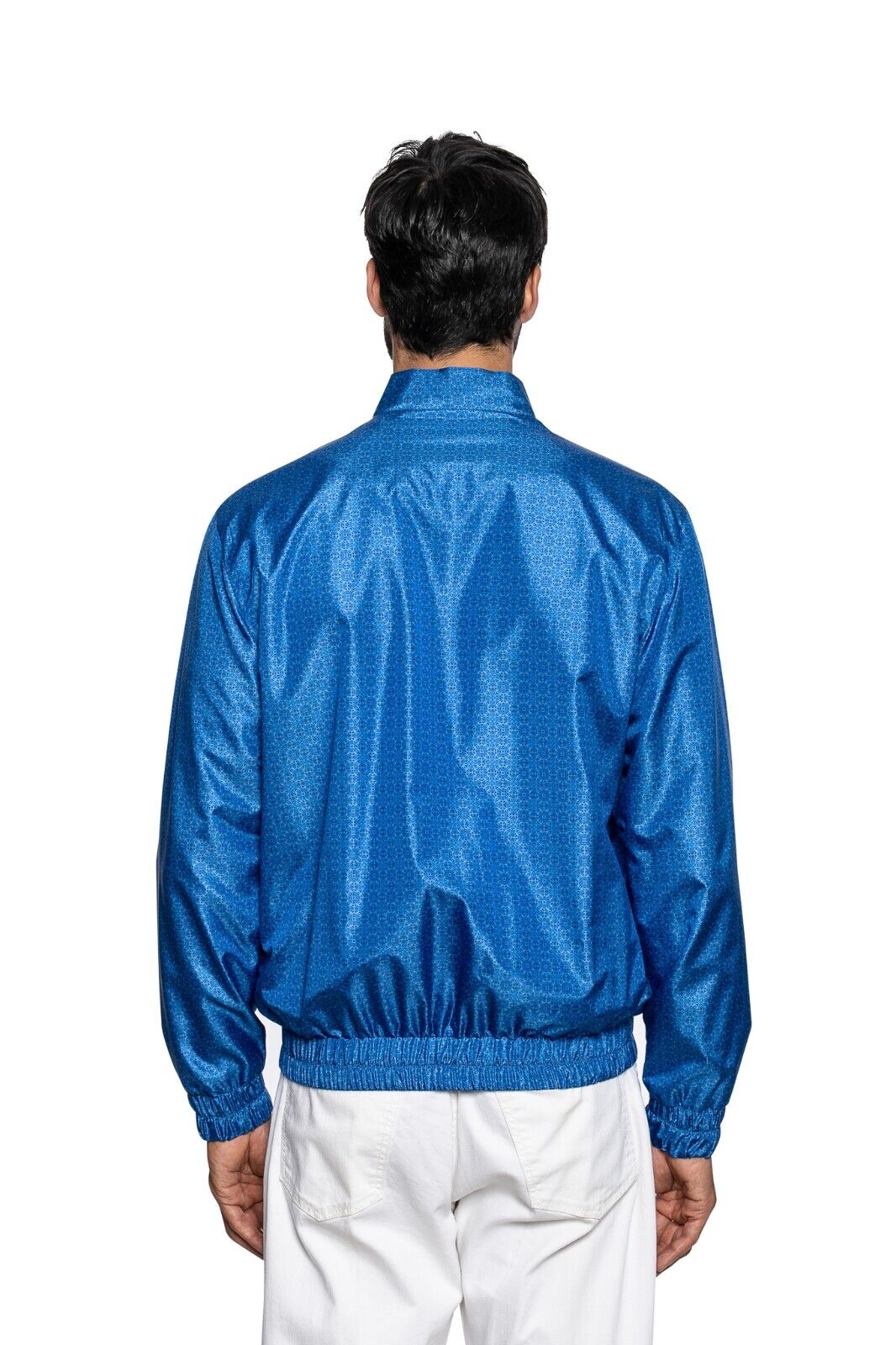 2000$ ITALO FERRETTI Bomber Jacket Blue "Geometric" 100% Silk 42 US  52 EU BIJAN