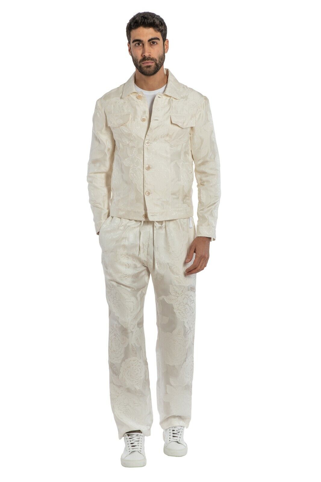 3400$ GERLIN Sport Suit Ivory Silk Cotton Jacquard Fil Coupè Sz 48 BIJAN