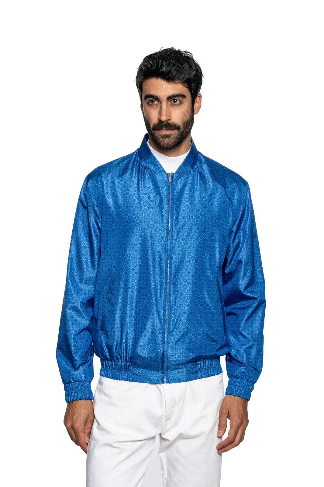 2000$ ITALO FERRETTI Bomber Jacket Blue "Geometric" 100% Silk 42 US 52 EU BIJAN