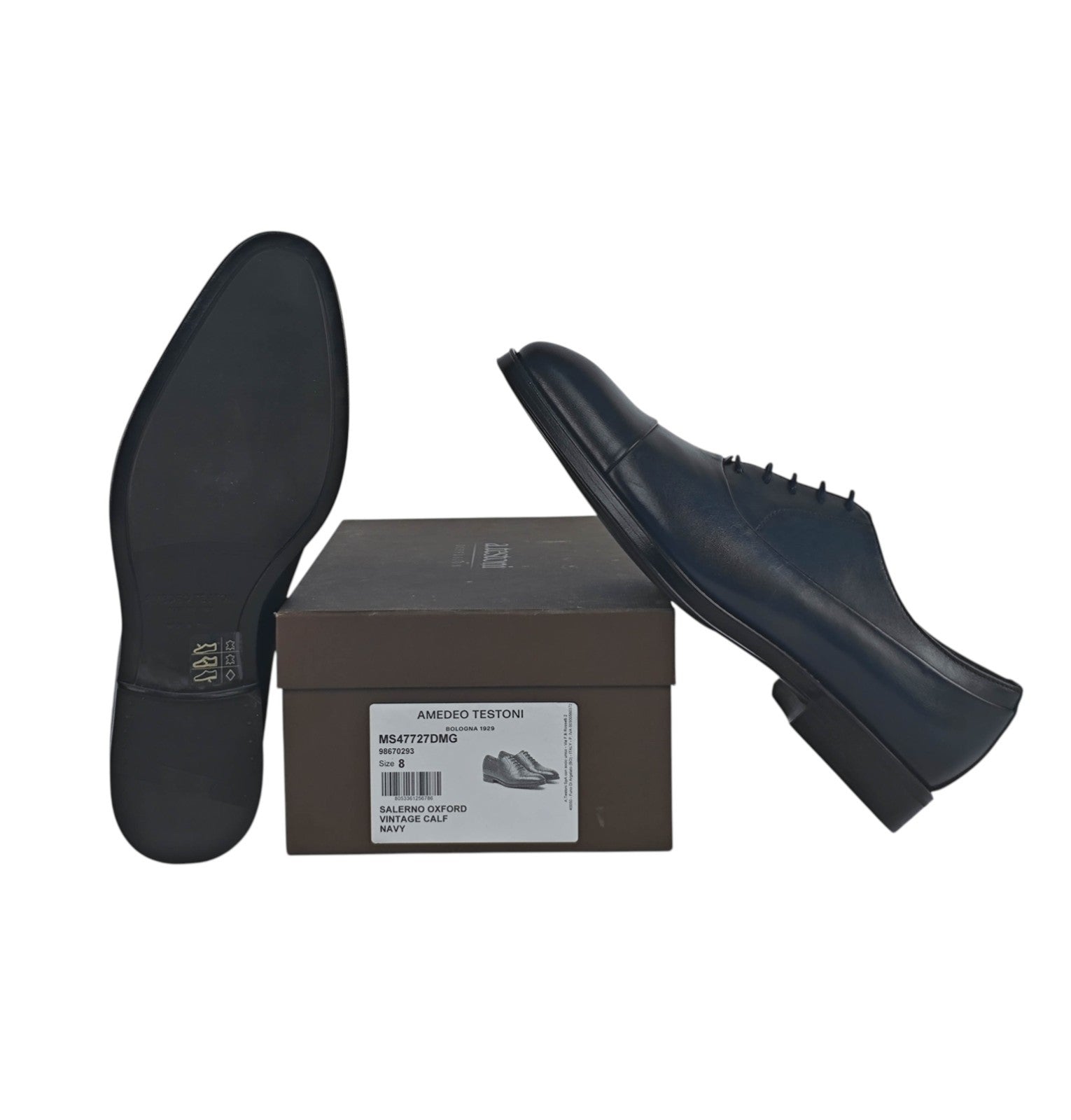 950$ TESTONI 1929 "Salerno" Oxford Shoes Vintage Calf Navy 8 UK / 9 US / 42 IT