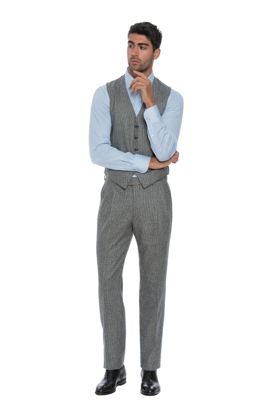 $1250 Belvest Houndstooth Gray Suit Vest + Pant Flannel Wool 100's 7R