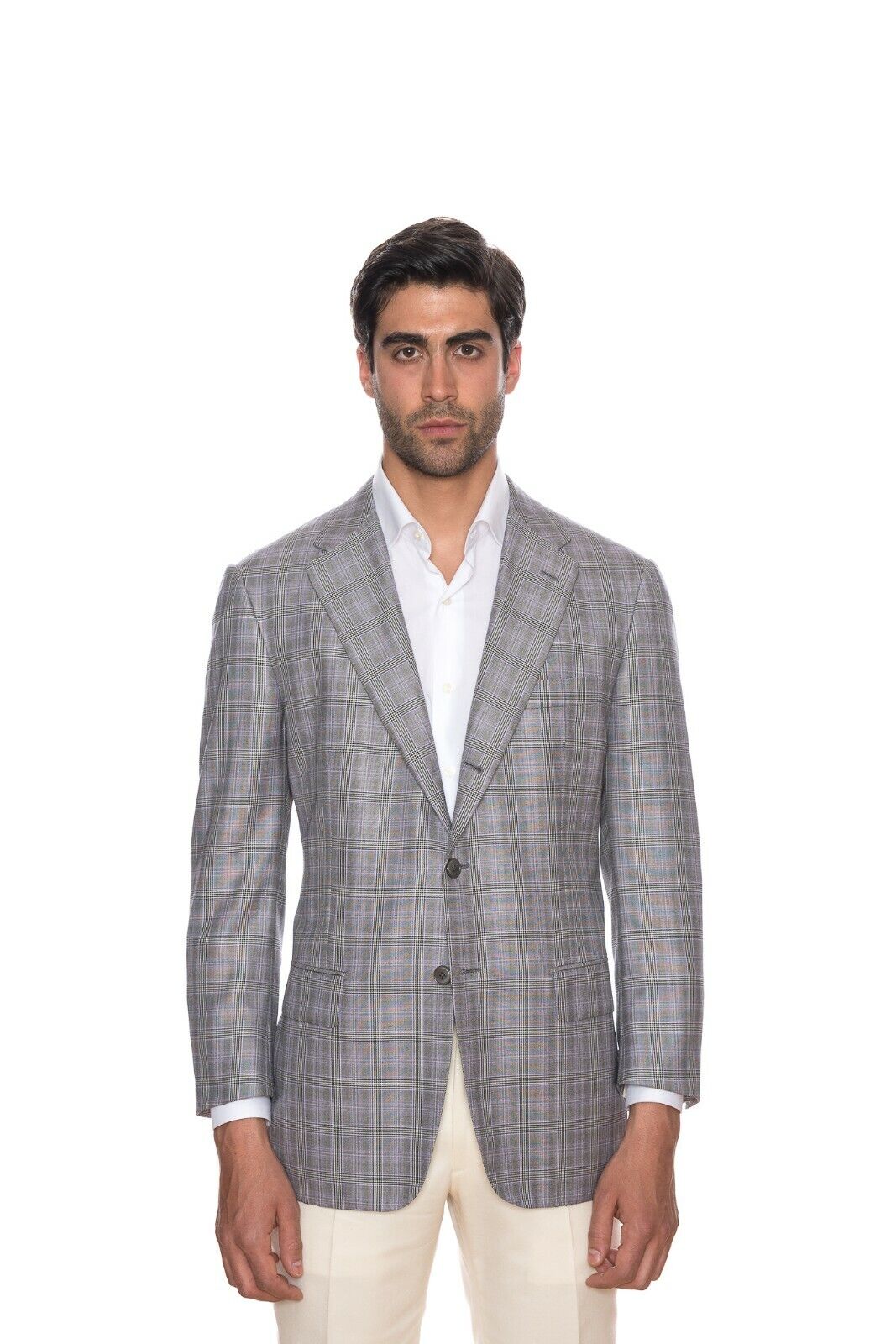 $2645 D'AVENZA Gray Wool Silk Checks Jacket Blazer Sewn in Italy 41 US / 51 EU