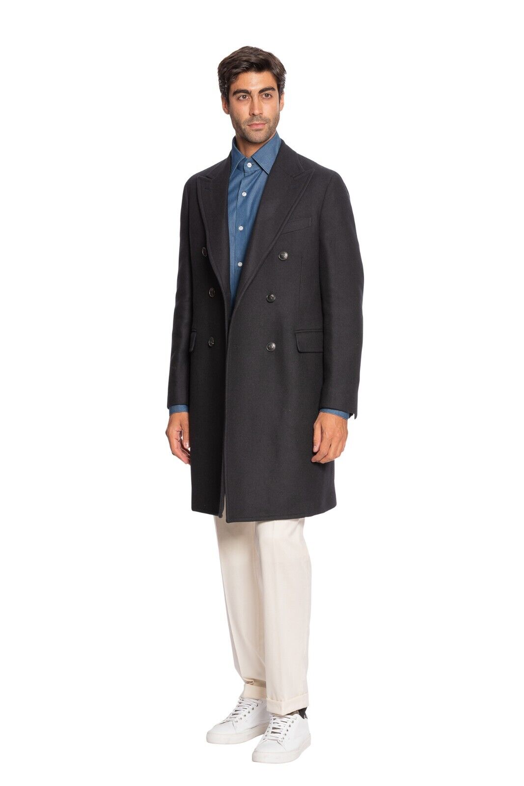 $2200 BOGLIOLI Blue Navy Double Breasted Coat K.Jacket Wool Twill 40 US / 50 EU