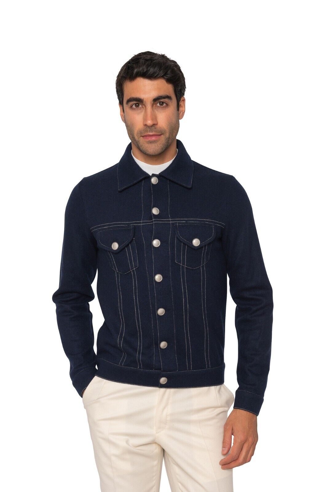 $2200 FEDELI CASHMERE Blue Jacket Trucker 100% Double Cashmere 42 US / 52 EU