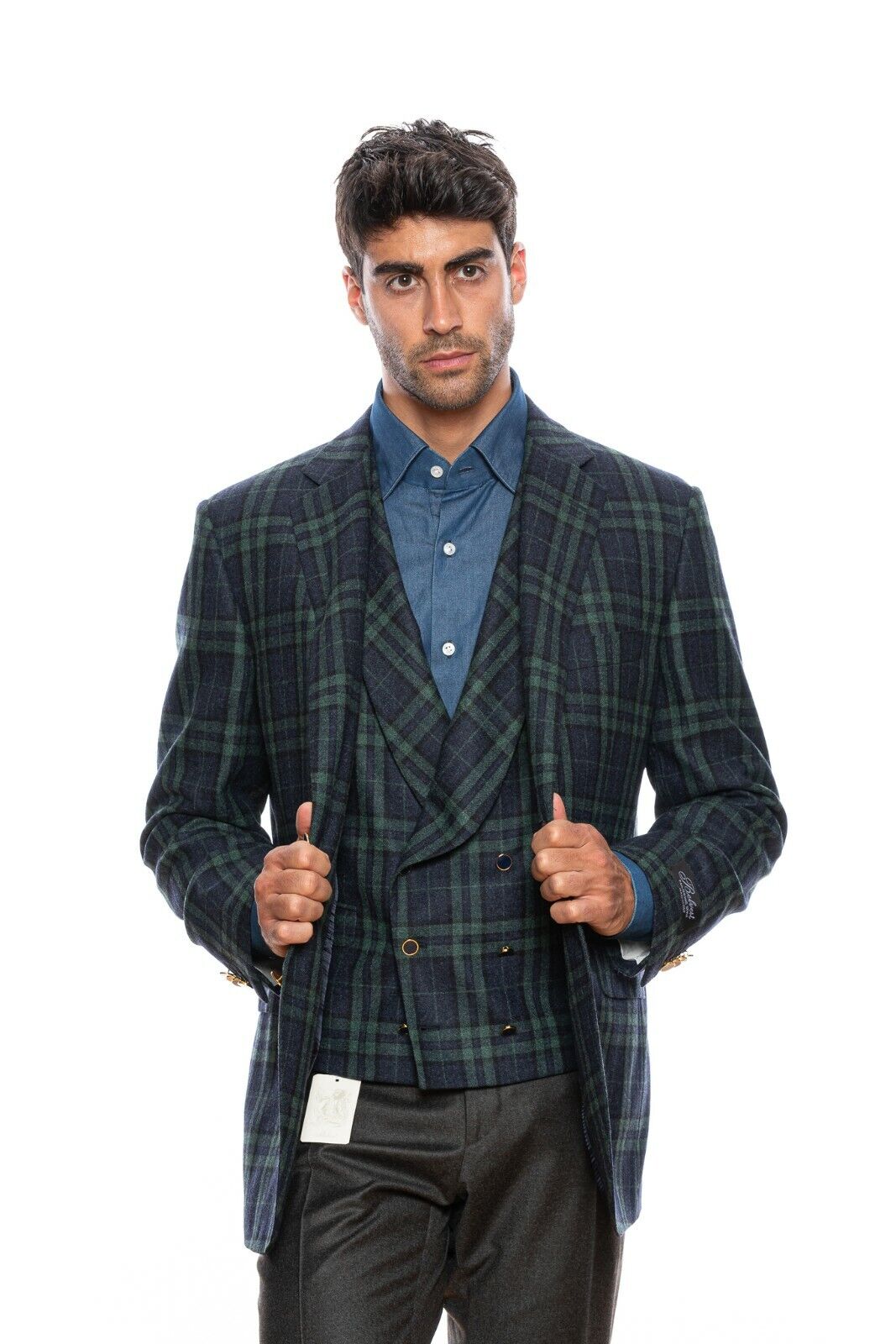 $2450 BELVEST Blue Wool Silk Check Jacket + Vest Double Breasted 44 US 54 EU 6R