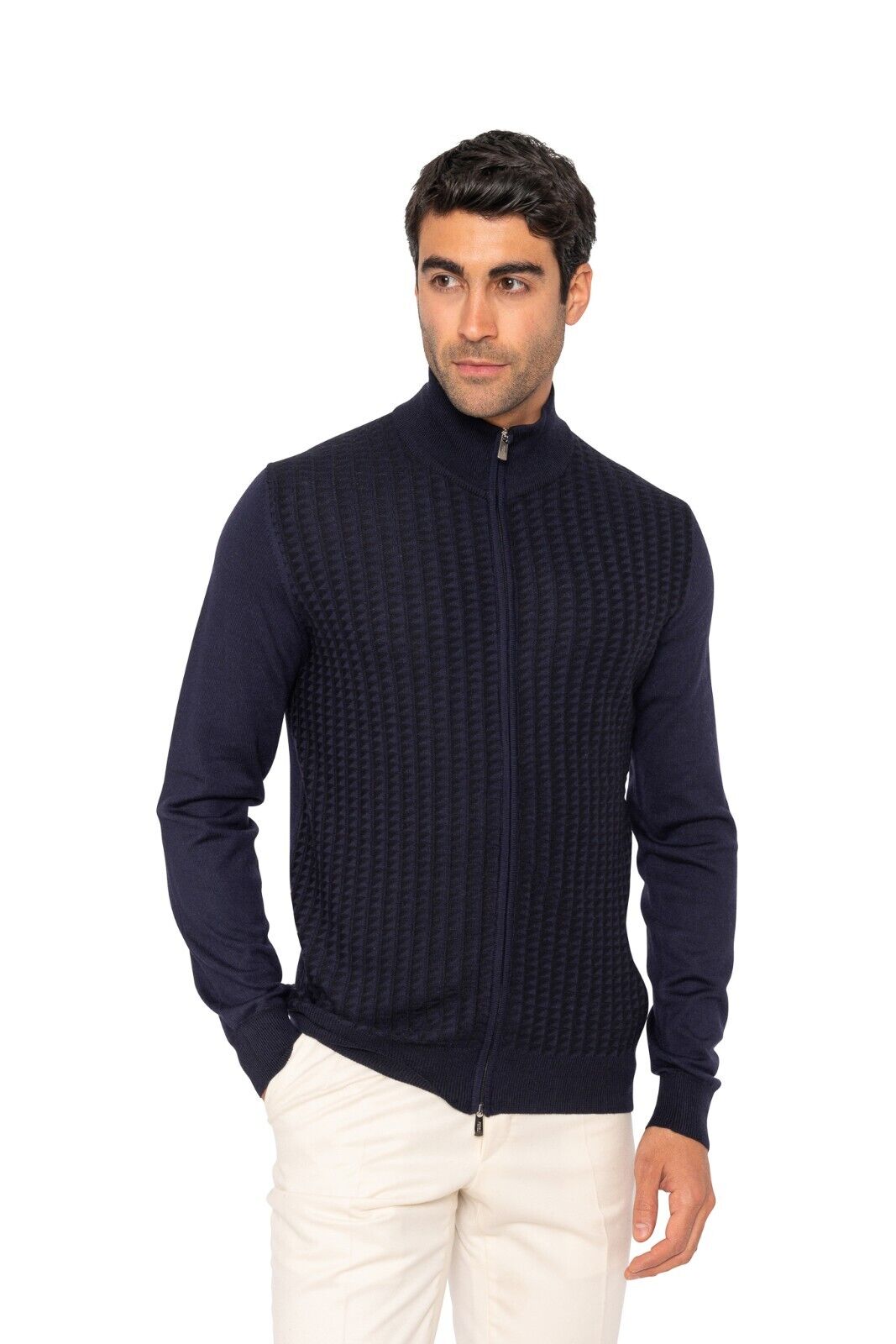 $1200 FEDELI CASHMERE Blue Cardigan Sweater Zip Jacquard Wool 140's 40 US 50 EU