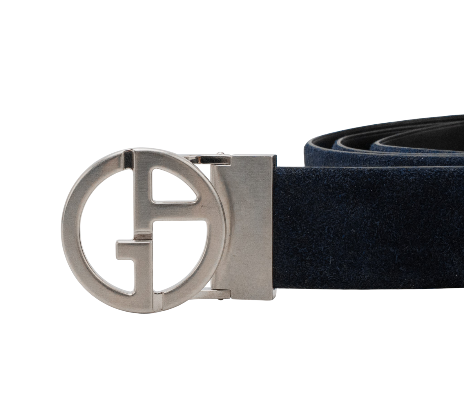 $520 GIORGIO ARMANI Belt Blue Reversible GA Monogram Logo Buckle Suede Size 110