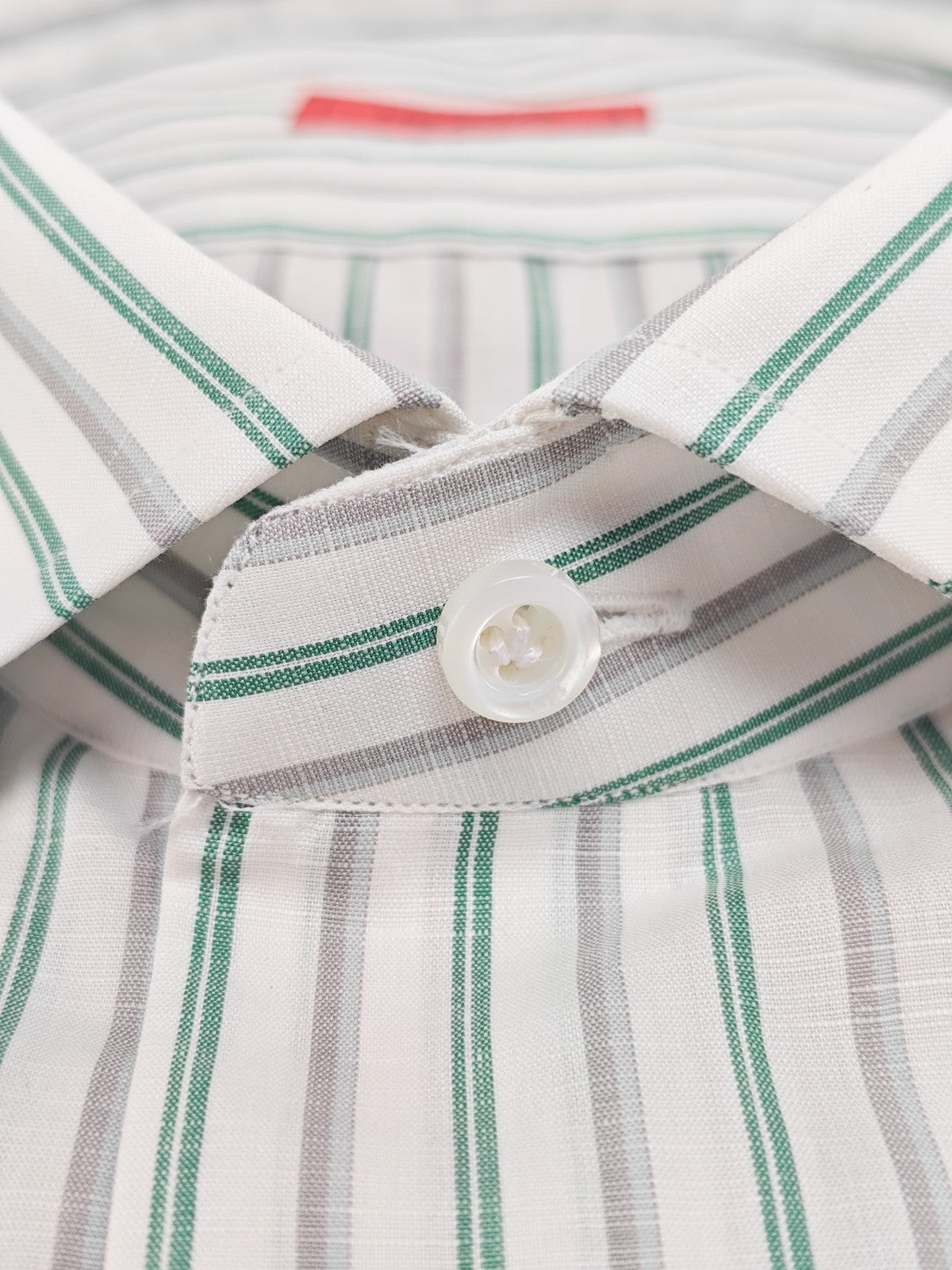 760$ ISAIA NAPOLI "Mix" Dress Shirt White Striped Cotton - Linen 18 - 45