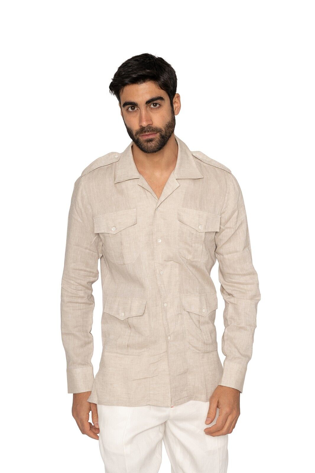 1400$ LUXURY MAROL BOLOGNA Safari Shirt Beige 100% Irish Linen 15.75 - 40